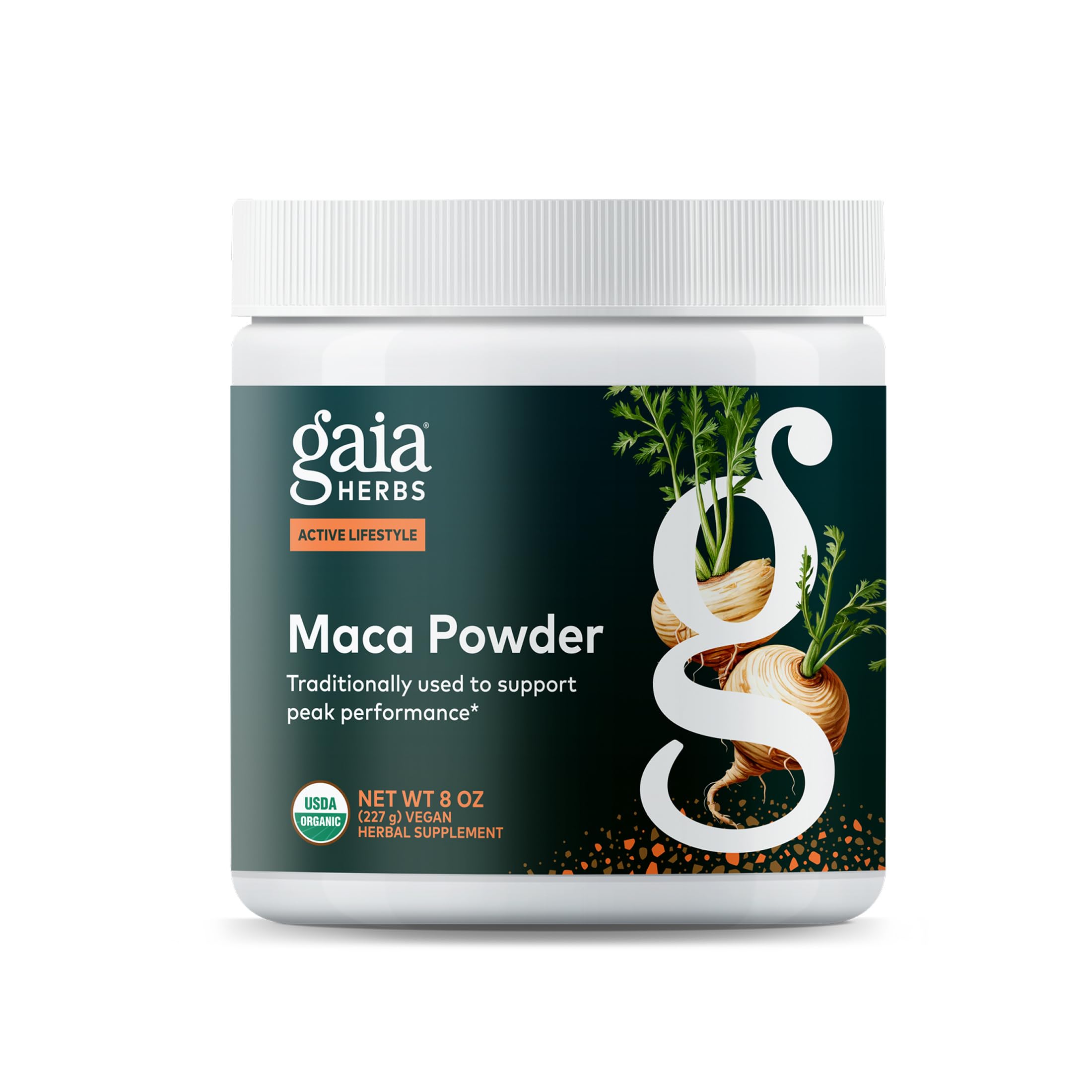 Ga ia Herbs Maca Powder packaging close-up highlights premium organic maca for energy support.