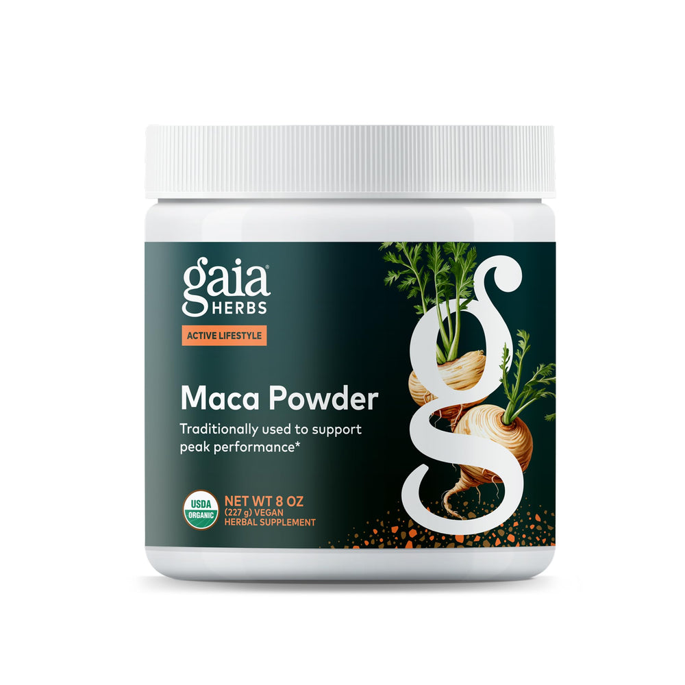 Ga ia Herbs Maca Powder packaging close-up highlights premium organic maca for energy support.