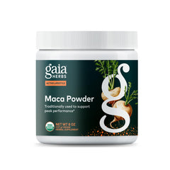Ga ia Herbs Maca Powder packaging close-up highlights premium organic maca for energy support.