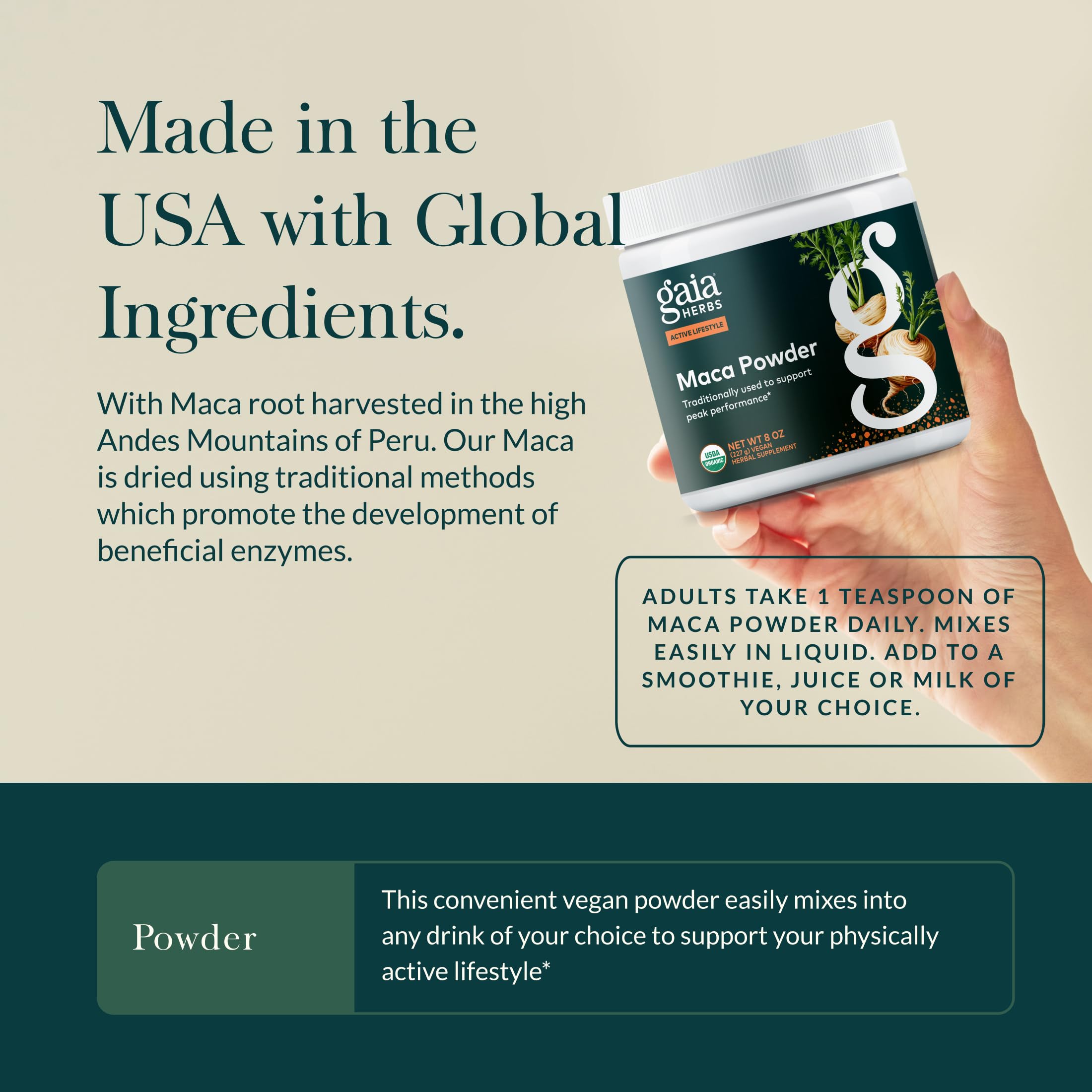 Ga ia Herbs Maca Powder vegan gluten-free badge conveys purity and dietary compatibility.