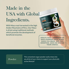 Ga ia Herbs Maca Powder vegan gluten-free badge conveys purity and dietary compatibility.
