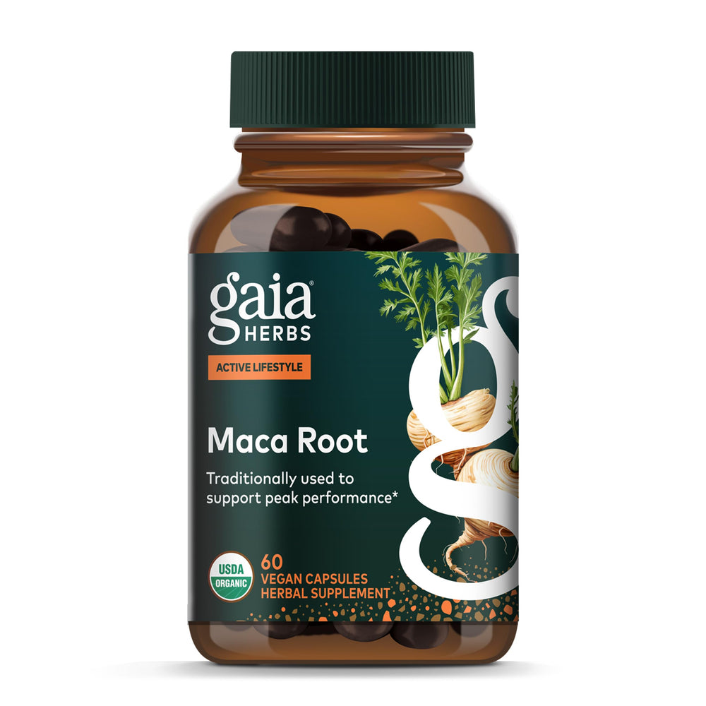 Gaia Herbs Maca Root bottle pour shows caffeine-free energy support for active days