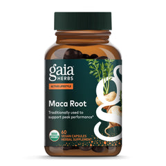 Gaia Herbs Maca Root bottle pour shows caffeine-free energy support for active days