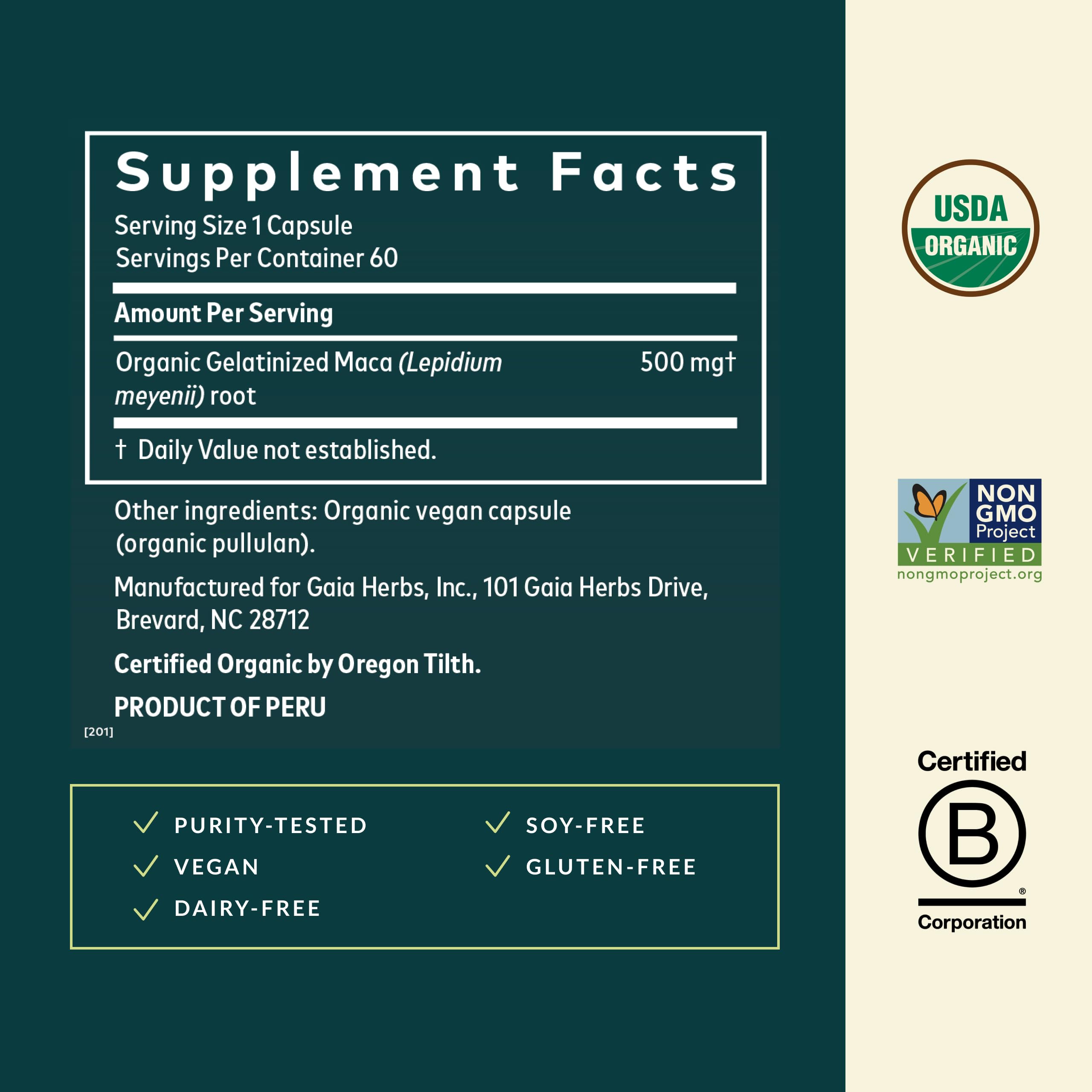 Gaia Herbs Maca Root capsules-pack demonstrates convenient daily energy support