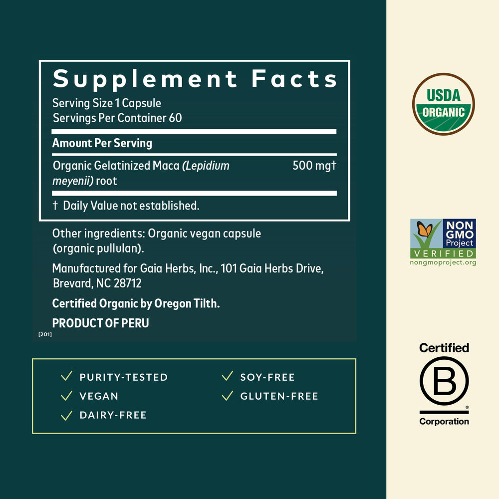 Gaia Herbs Maca Root capsules-pack demonstrates convenient daily energy support