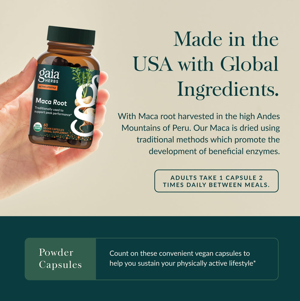 Gaia Herbs Maca Root gelatinized-form emphasizes full phytonutrients in a digestion-friendly format