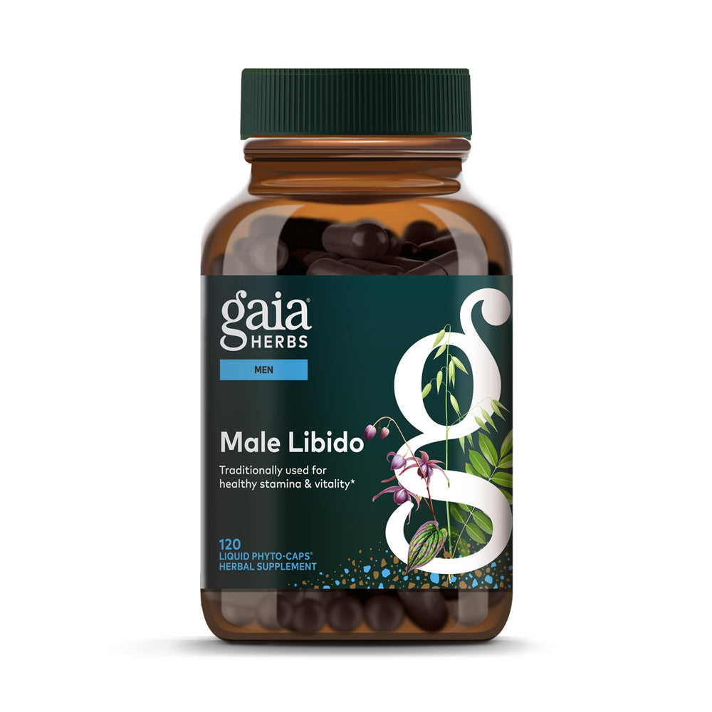Gaia Herbs Male Libido bottle front highlights vitality-supporting herbal blend.