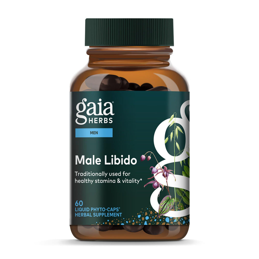 Gaia Herbs Male Libido bottle front demonstrates herbal vitality support at a glance