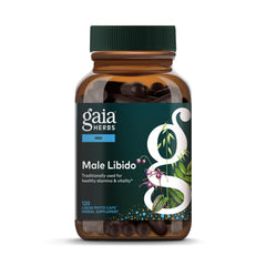 Gaia Herbs Male Libido bottle front highlights vitality-supporting herbal blend.
