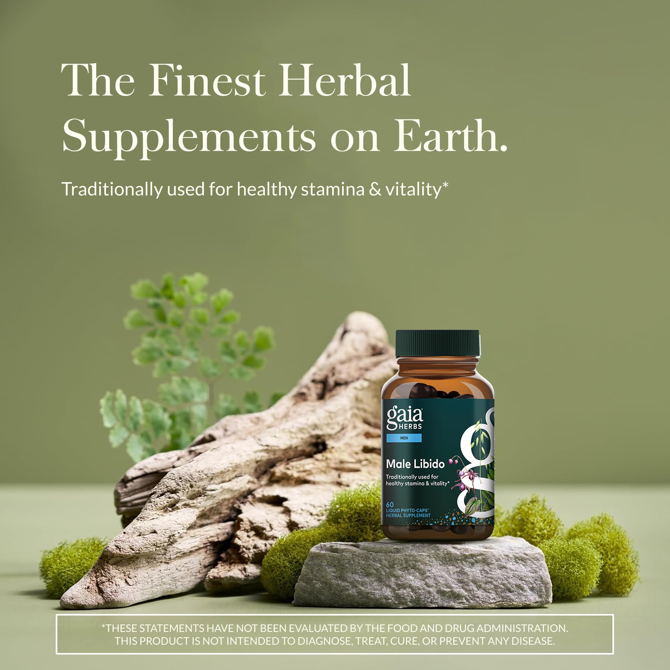 Gaia Herbs Male Libido bottle label highlights key ingredients for energy support