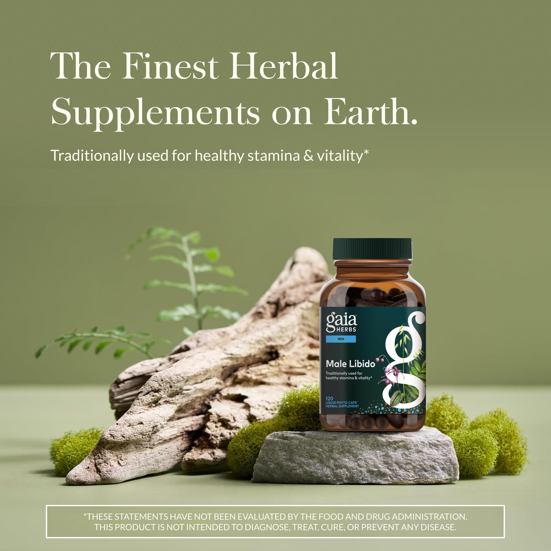 Gaia Herbs Male Libido capsules close-up shows vegan liquid phyto-capsules.