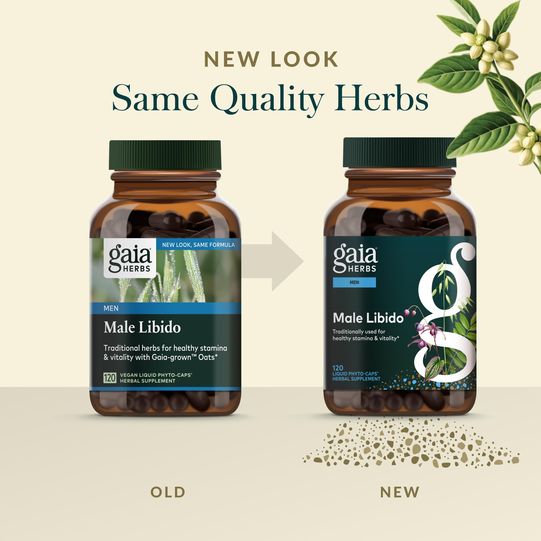 Gaia Herbs Male Libido glass with capsules on a clean surface suggests simple supplementation.