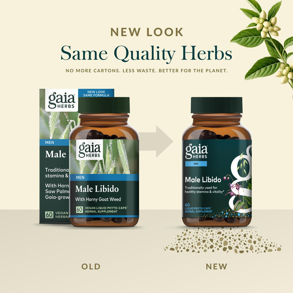 Gaia Herbs Male Libido packaging box communicates gluten-free and dairy-free credentials