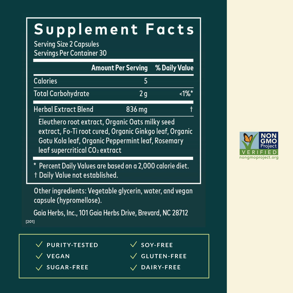 Close-up of Gaia Herbs Mental Alertness capsules showing herbal blend