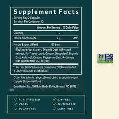 Close-up of Gaia Herbs Mental Alertness capsules showing herbal blend