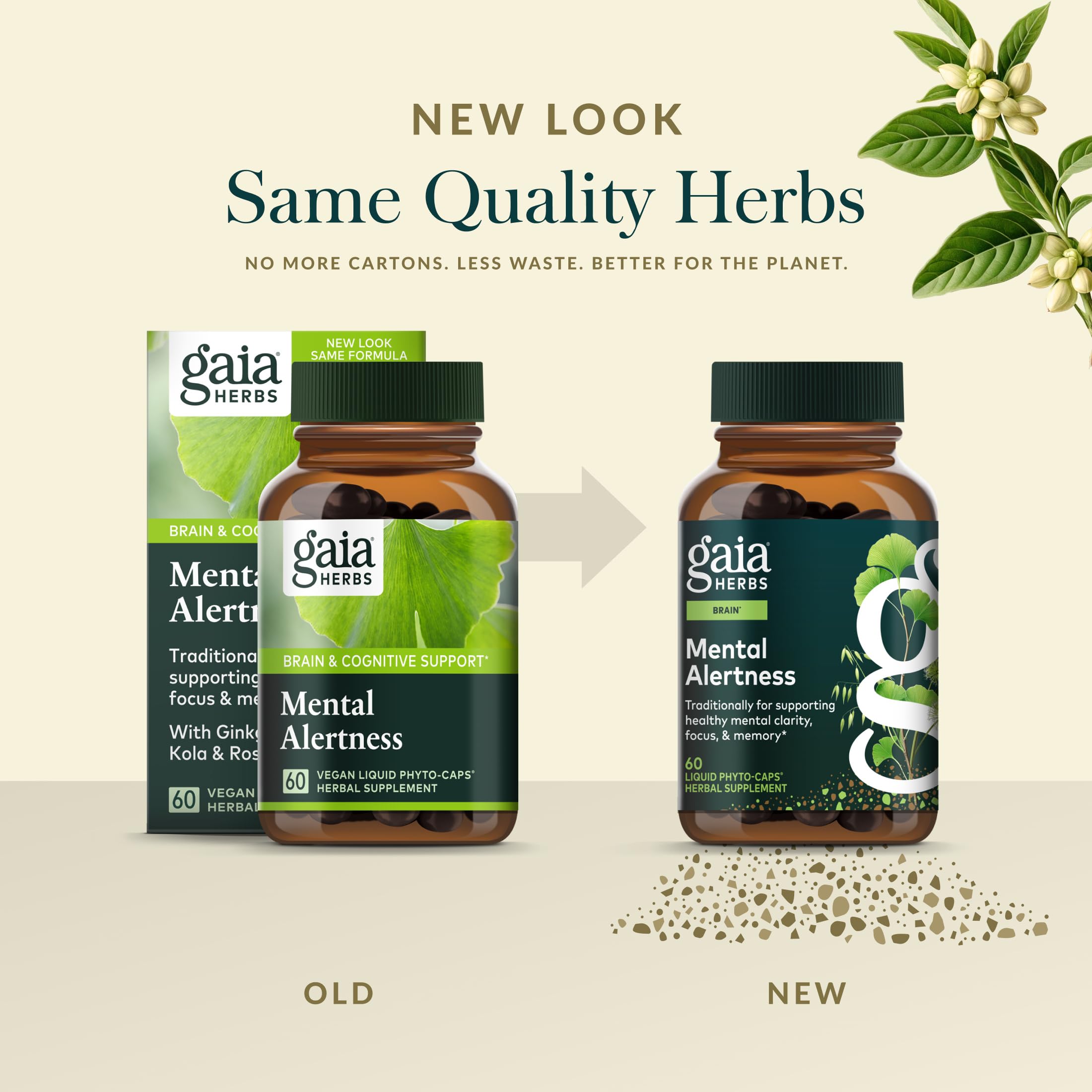 Gaia Herbs Mental Alertness capsules on a clean surface ready to take