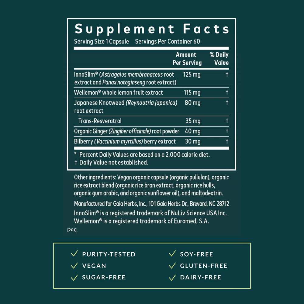 Gaia Herbs Metabolic Activator label detail, emphasizing InnoSlim and Wellemon ingredients.