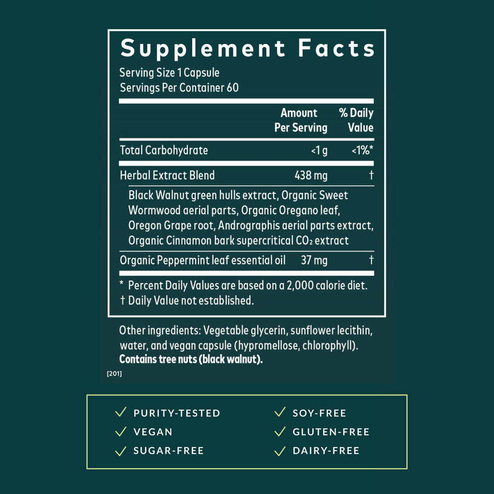 Gaia Herbs Microbiome Cleanse black walnut ingredient image; herbal blend emphasis