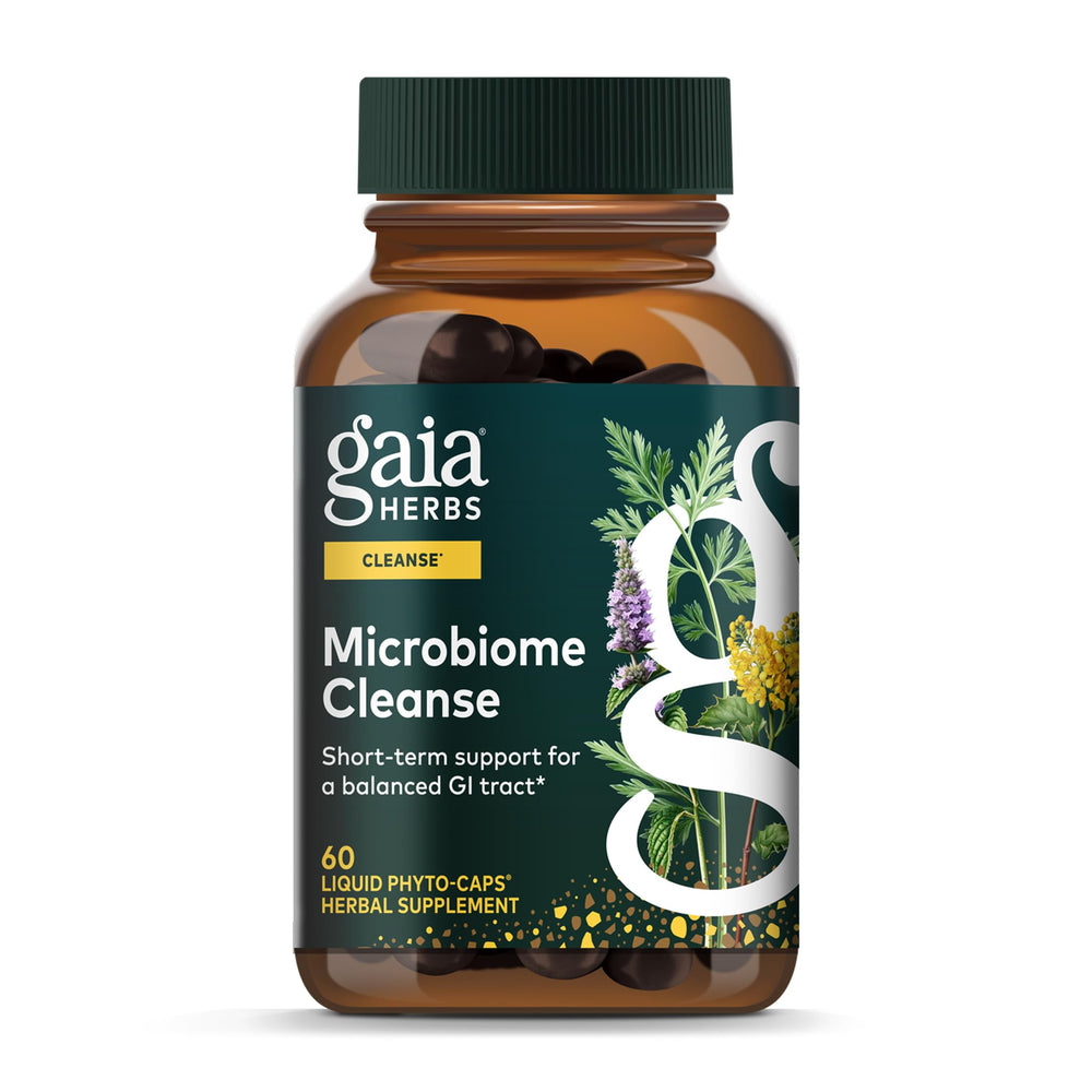 Gaia Herbs Microbiome Cleanse bottle pour; easy daily use for gut health