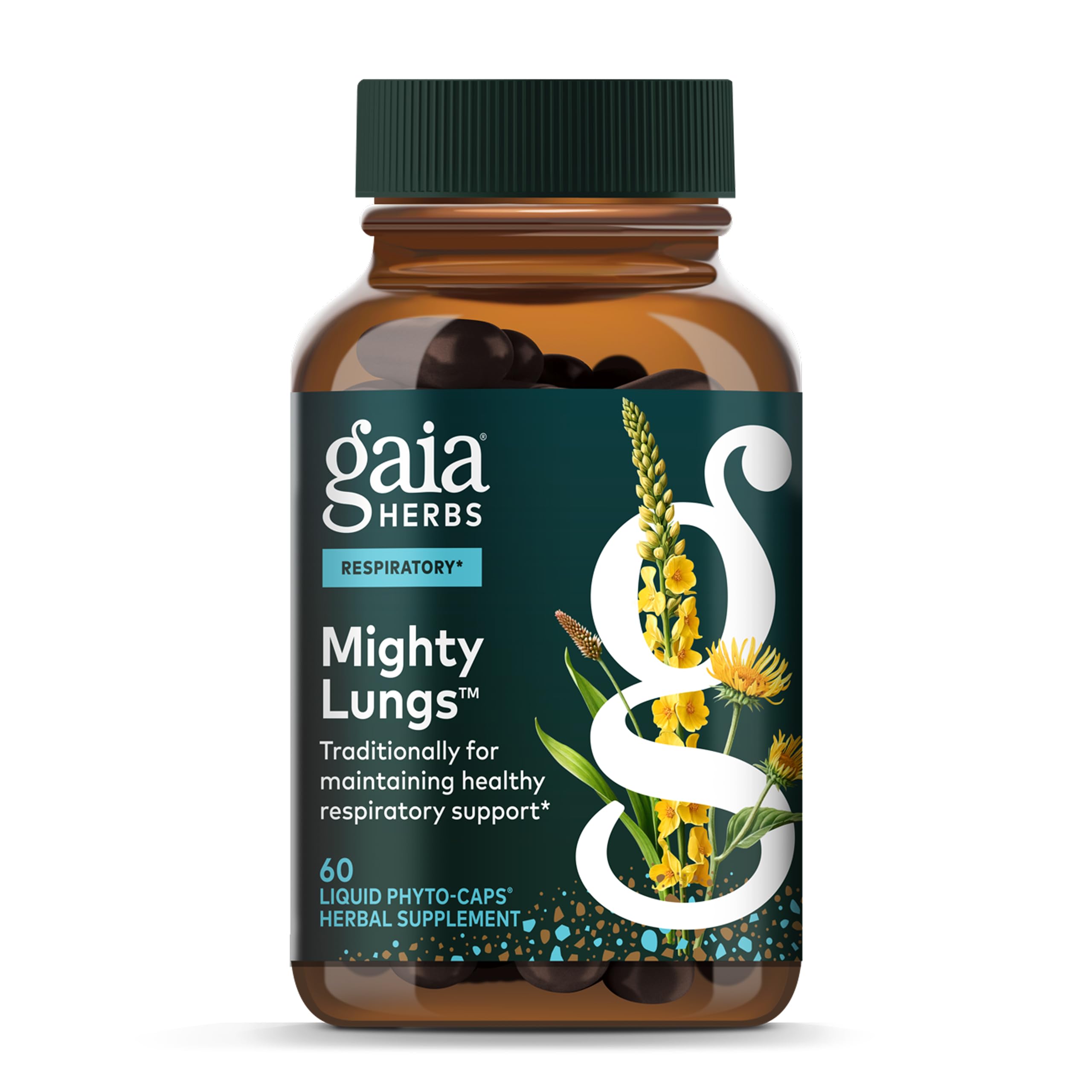 Gaia Herbs Mighty Lungs bottle label highlights a trusted lung support blend for daily wellness.