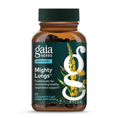 Gaia Herbs Mighty Lungs bottle label highlights a trusted lung support blend for daily wellness.