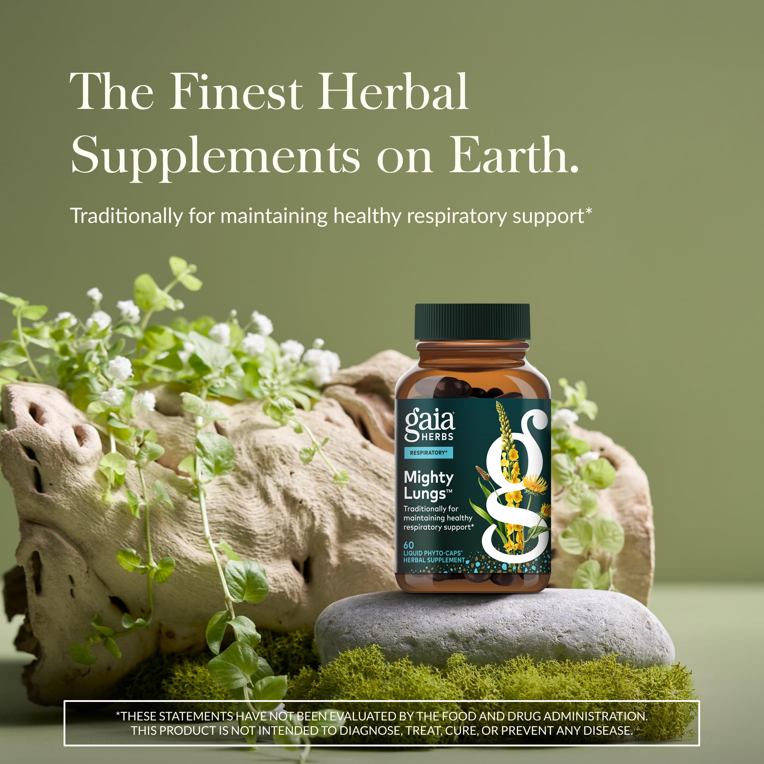Gaia Herbs Mighty Lungs bottle pour highlights easy dosing for consistent daily use.