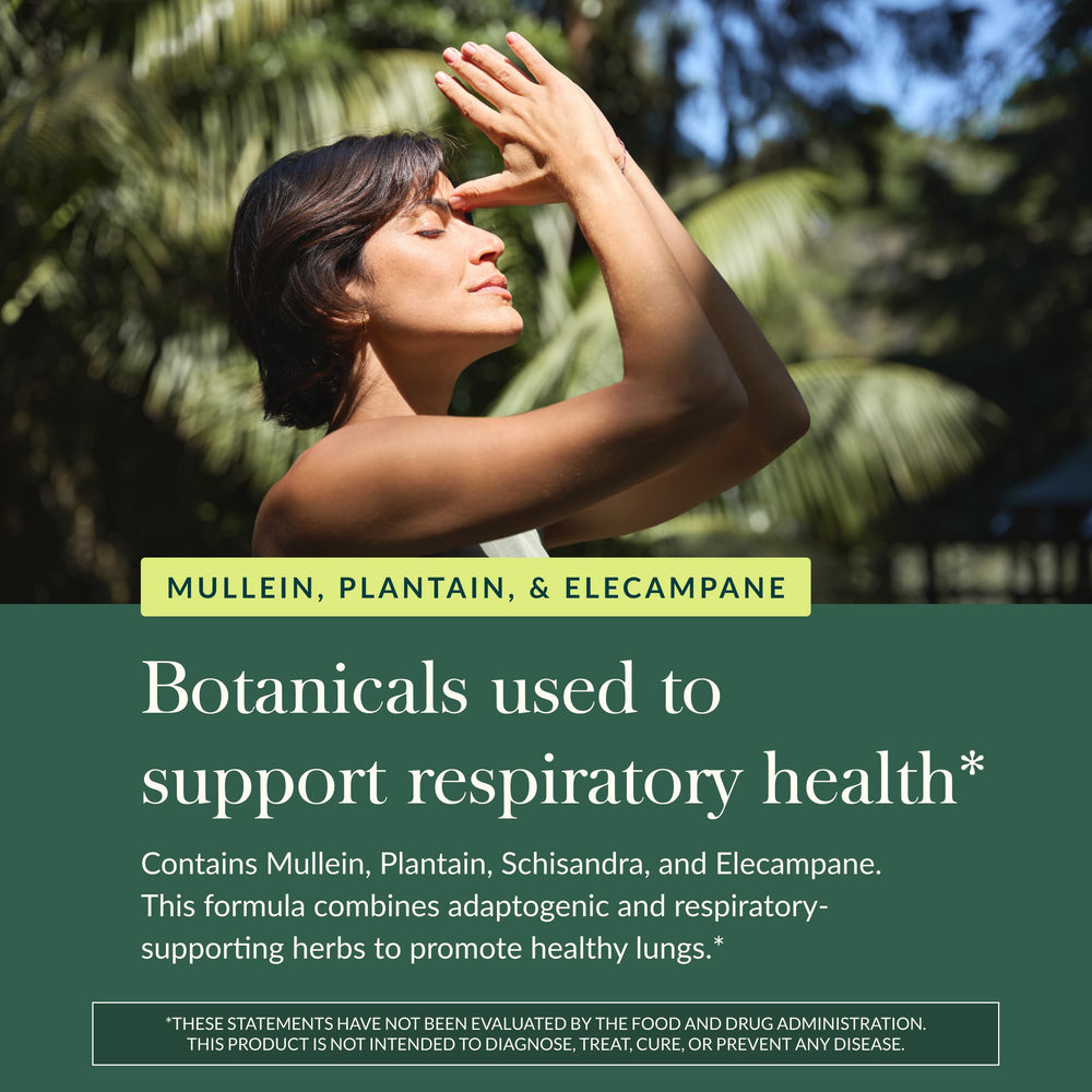 Gaia Herbs Mighty Lungs plantain leaf visuals suggest soothing daily comfort.
