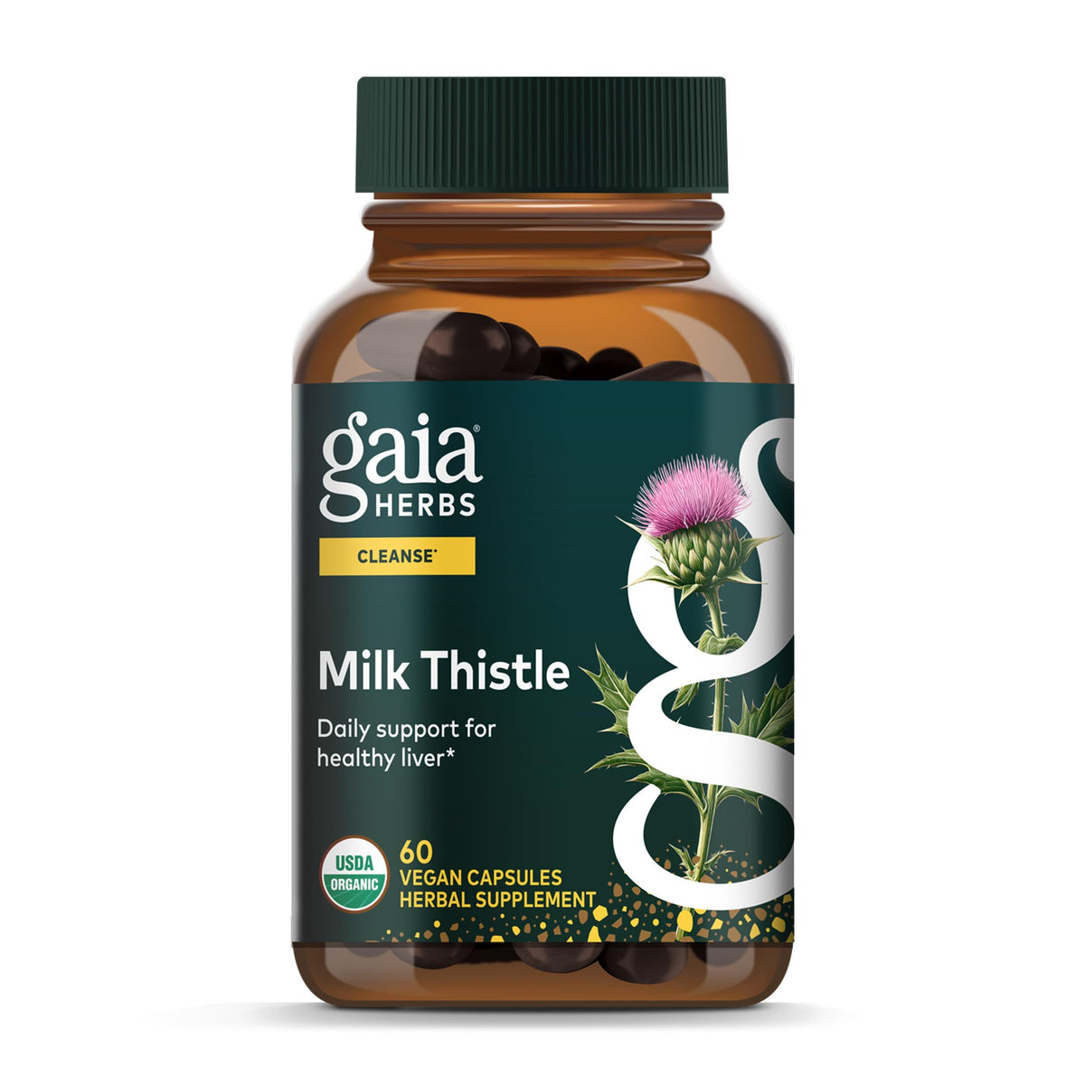 Gaia Herbs Milk Thistle bottle label highlights organic ingredients for liver support