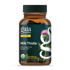 Gaia Herbs Milk Thistle bottle label highlights organic ingredients for liver support