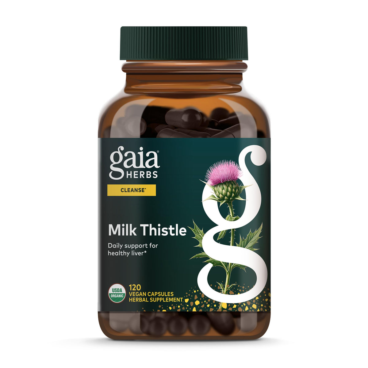 Gaia Herbs Milk Thistle bottle ready for daily liver support and digestive health.
