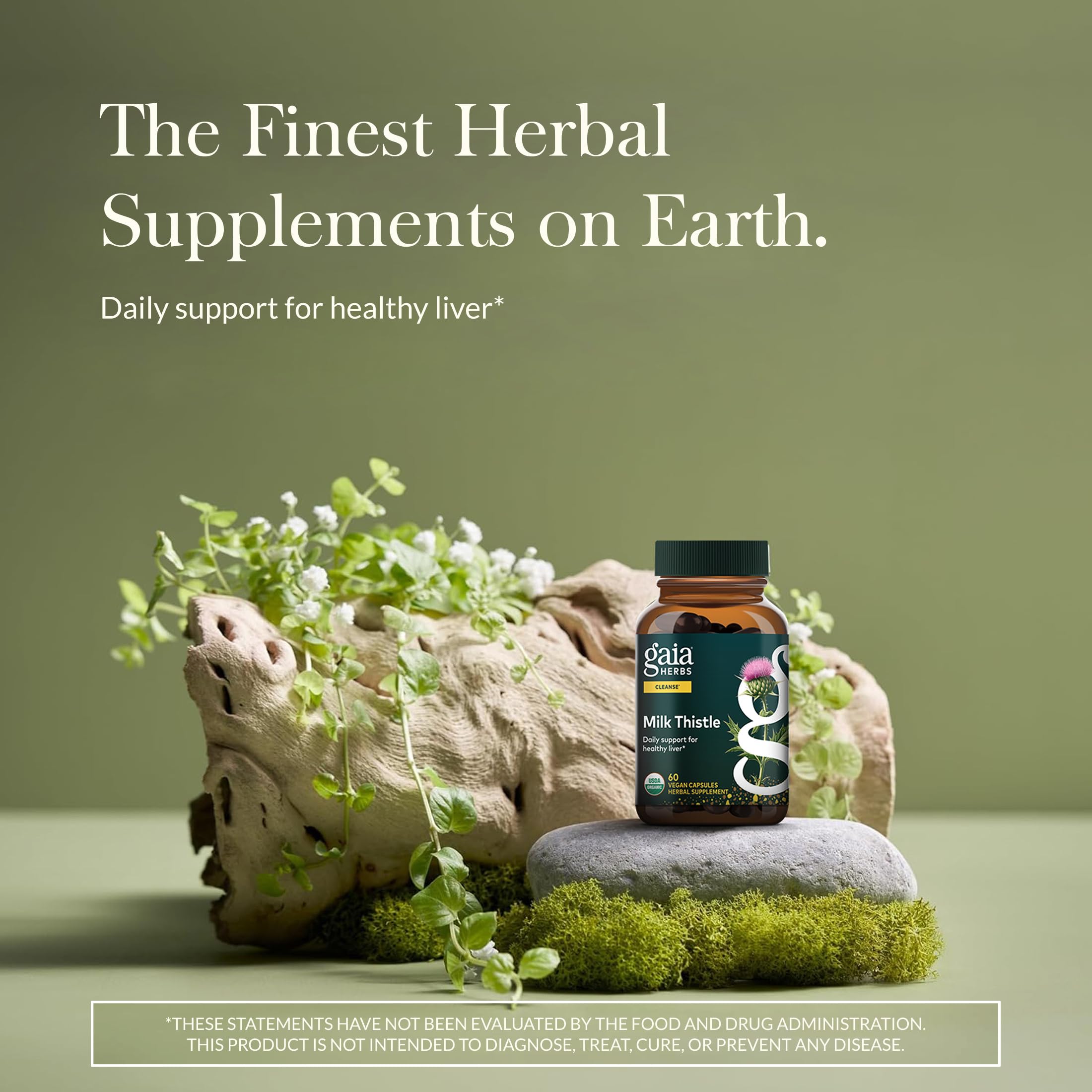 Gaia Herbs Milk Thistle capsules closeup shows vegan formula and premium quality