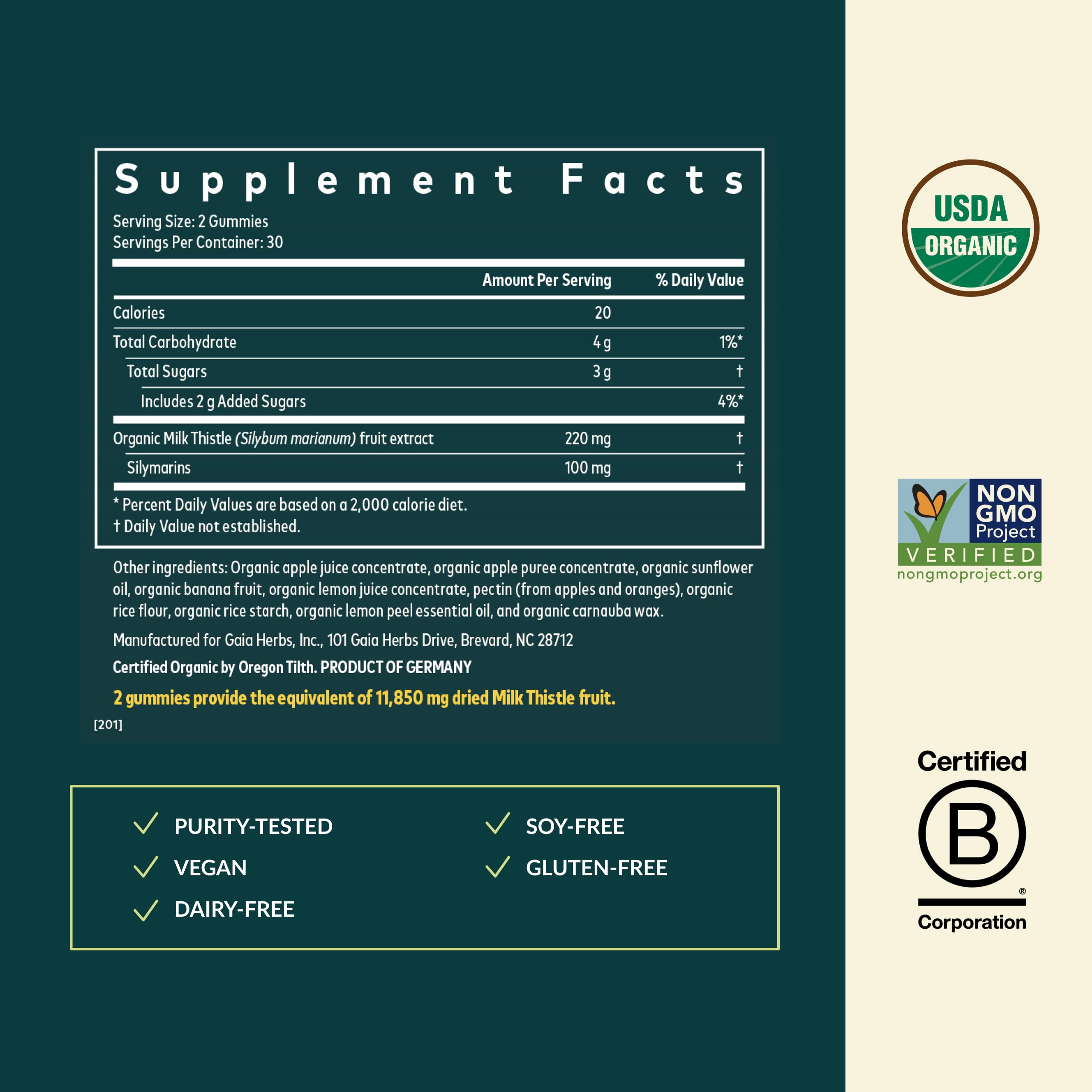 Gaia Herbs Milk Thistle Gummies with lemon peel essential oil visible on label.