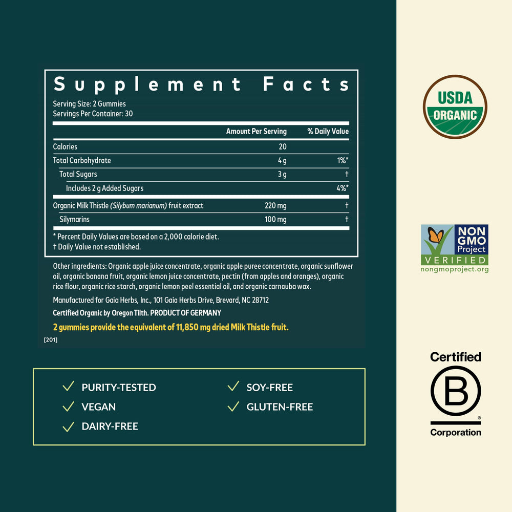 Gaia Herbs Milk Thistle Gummies with lemon peel essential oil visible on label.