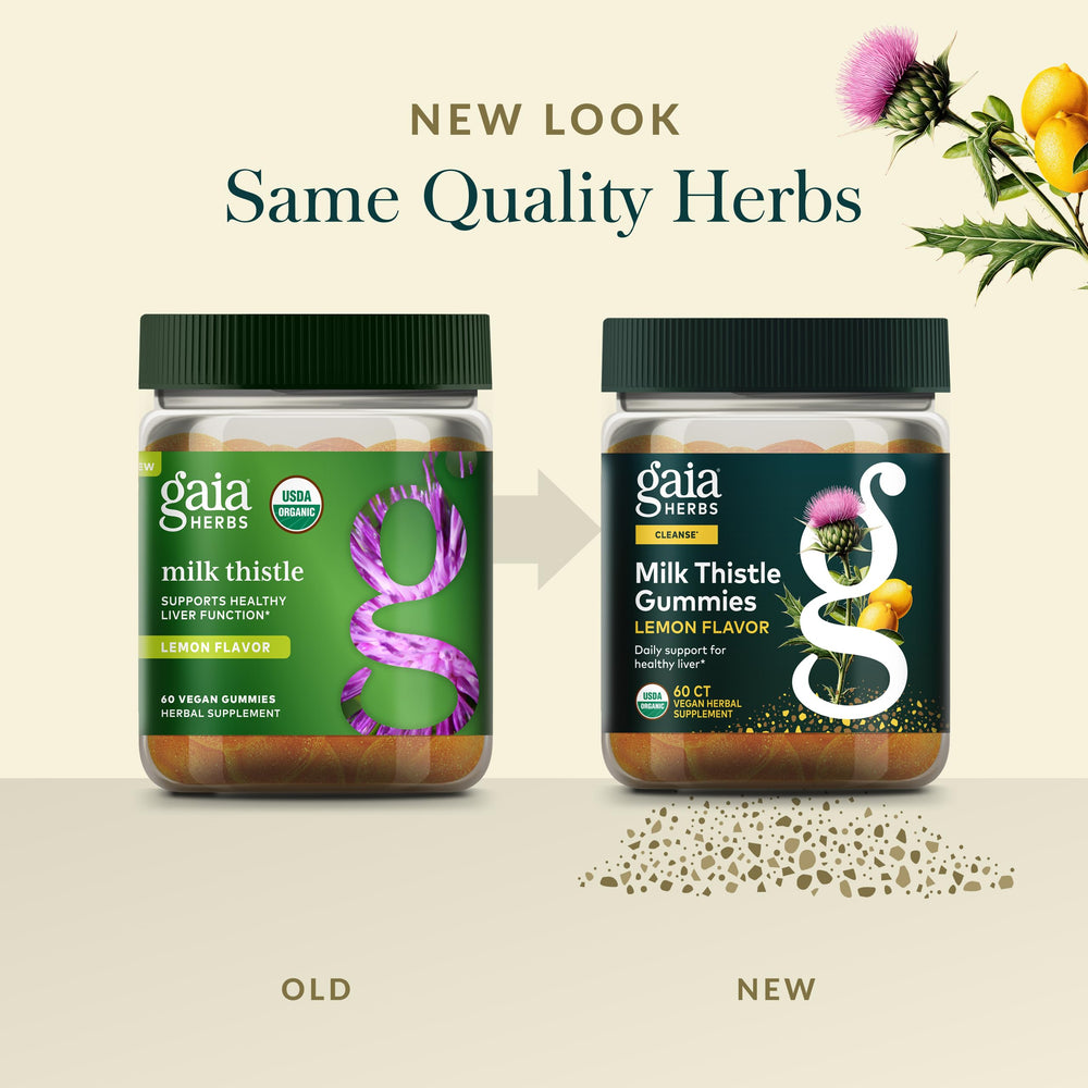 Gaia Herbs Milk Thistle Gummies vegan formula packaging and eco-friendly design.