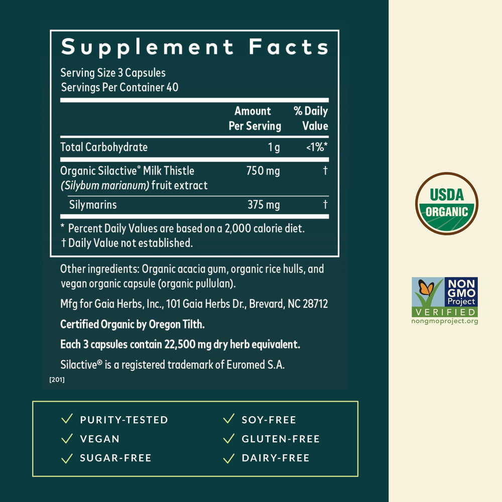 Closeup of organic full-spectrum label on Gaia Herbs Milk Thistle.