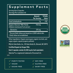 Closeup of organic full-spectrum label on Gaia Herbs Milk Thistle.