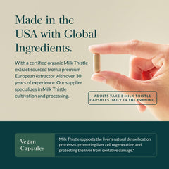 Gaia Herbs Milk Thistle packaging closeup emphasizes organic sourcing for trusted liver support