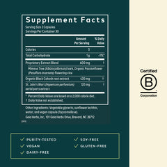 Gaia Herbs Nighttime Comfort capsules close-up; vegan, hormone-support option for calmer evenings.