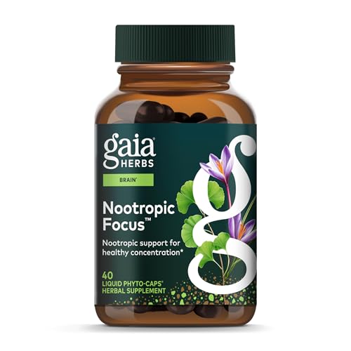 Gaia Herbs Nootropic Focus bottle on a shelf supports clearer daytime focus