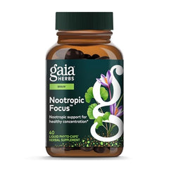 Gaia Herbs Nootropic Focus bottle on a shelf supports clearer daytime focus