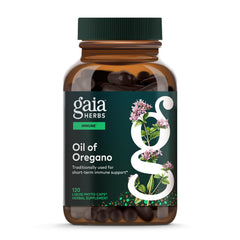 Gaia Herbs Oil of Oregano bottle close-up highlighting immune support potential