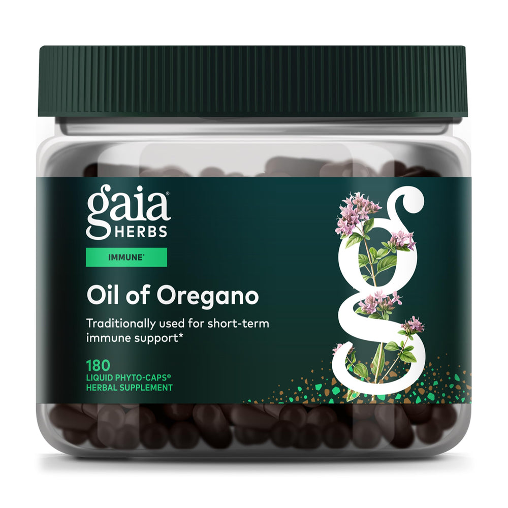 Gaia Herbs Oil of Oregano bottle front highlights oregano extract for immune support