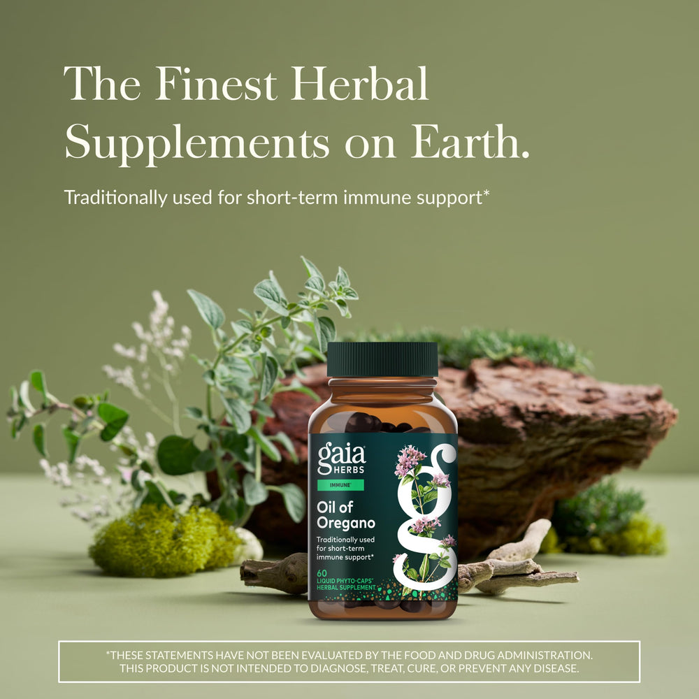 Gaia Herbs Oil of Oregano bottle pour showing convenient dosing for wellness.