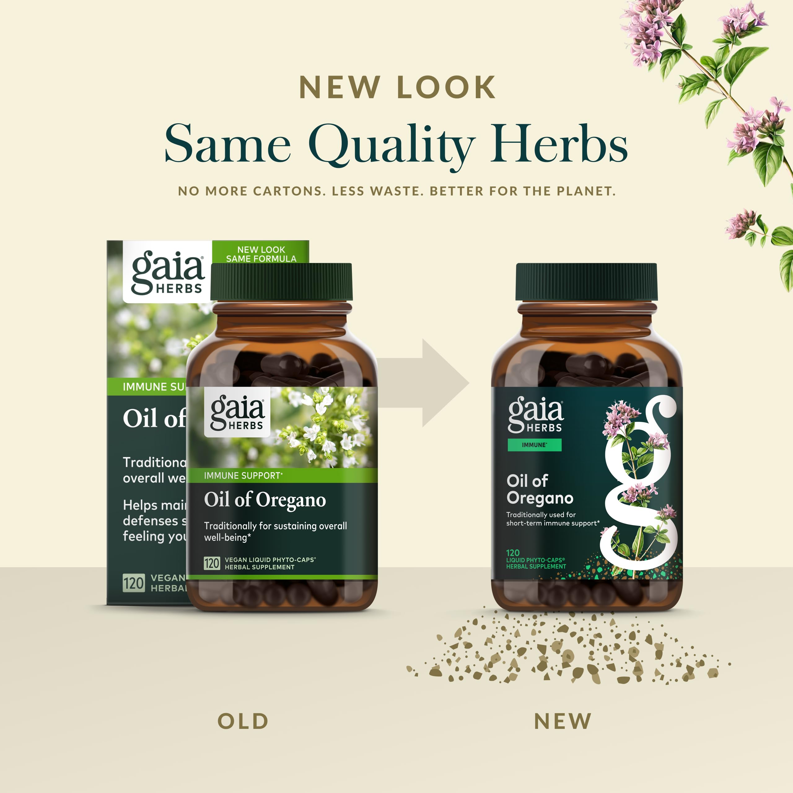 Gaia Herbs Oil of Oregano outer packaging and Gaia Herbs branding