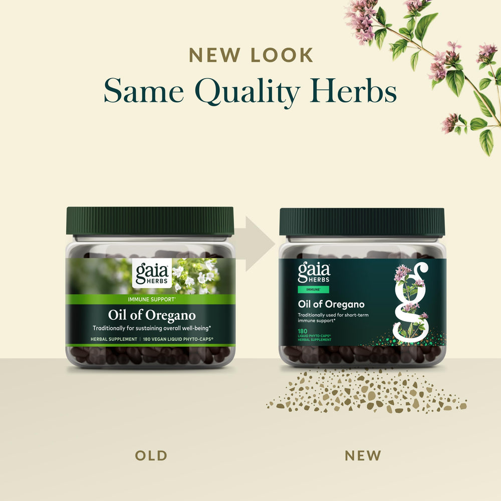 Gaia Herbs Oil of Oregano supercritical extractor logo conveys gentle, solvent-free processing