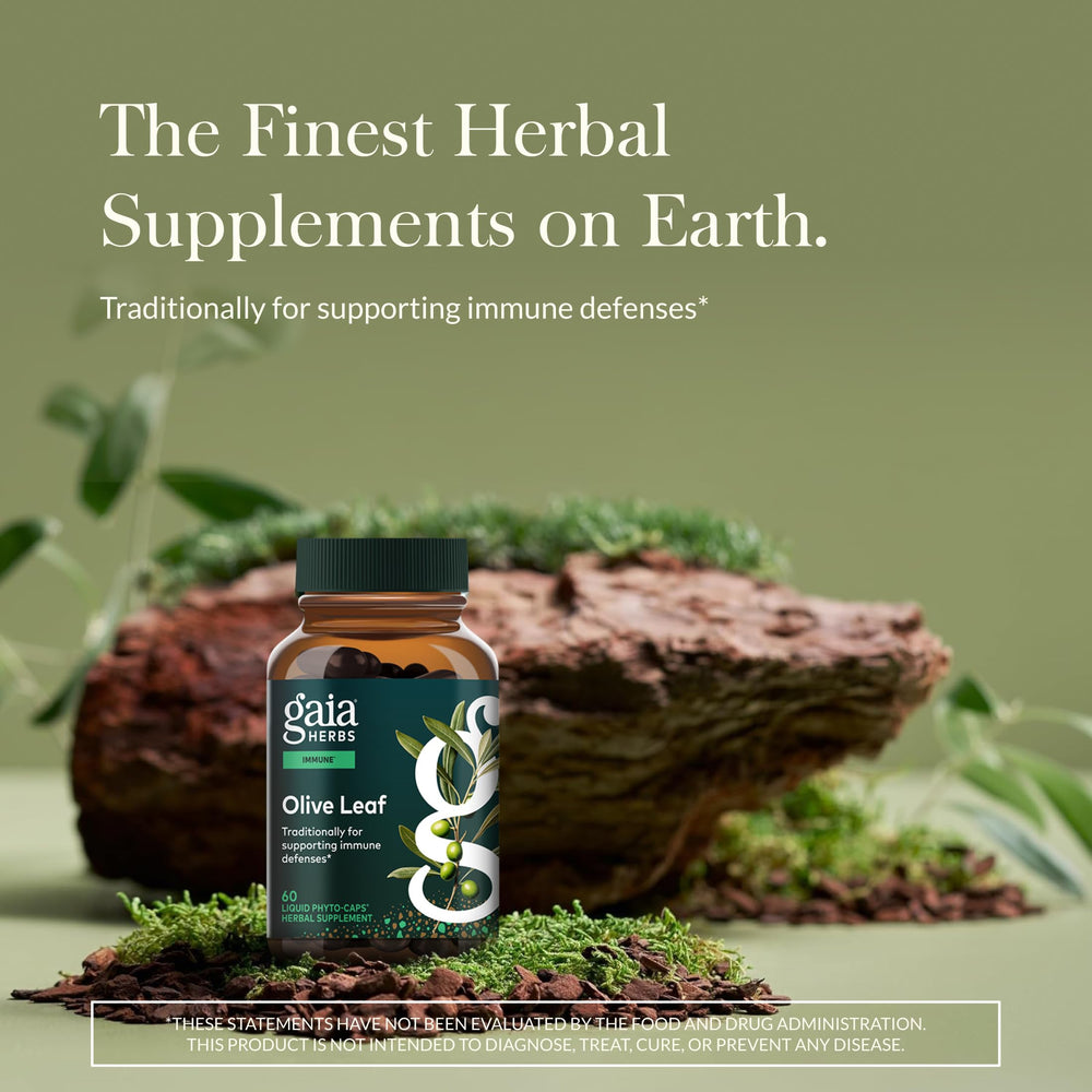 Gaia Herbs Olive Leaf bottle with pour spout for easy dosing.