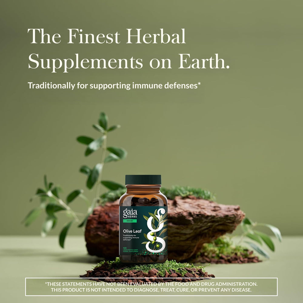 Gaia Herbs Olive Leaf capsules close-up highlighting vegan formula