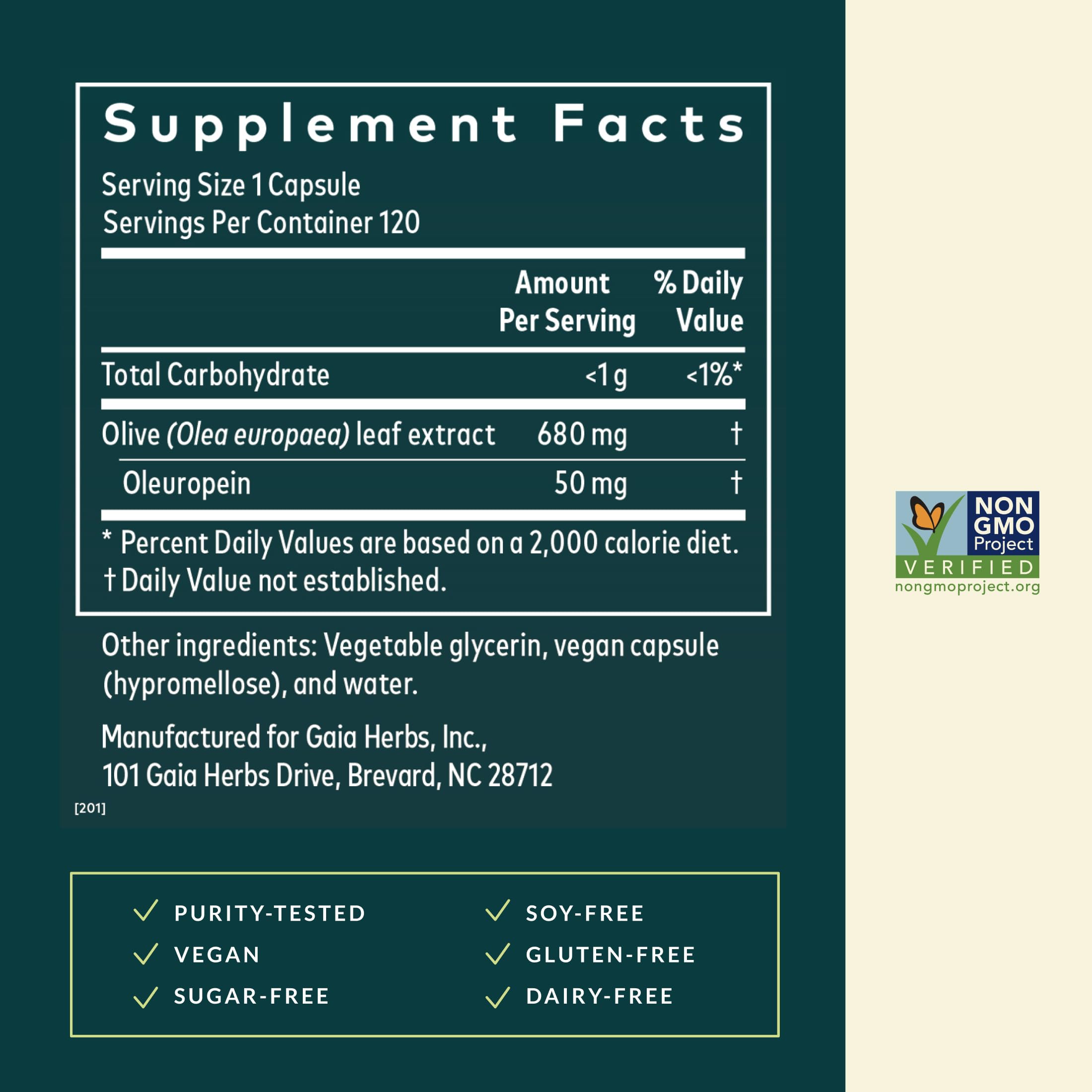 Gaia Herbs Olive Leaf label detail showing purity and origin
