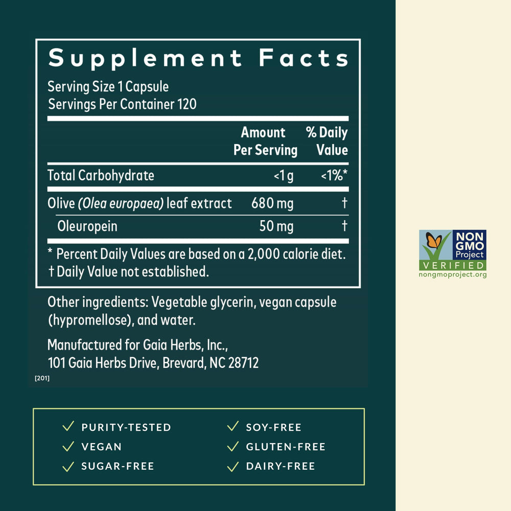 Gaia Herbs Olive Leaf label detail showing purity and origin