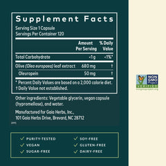 Gaia Herbs Olive Leaf label detail showing purity and origin